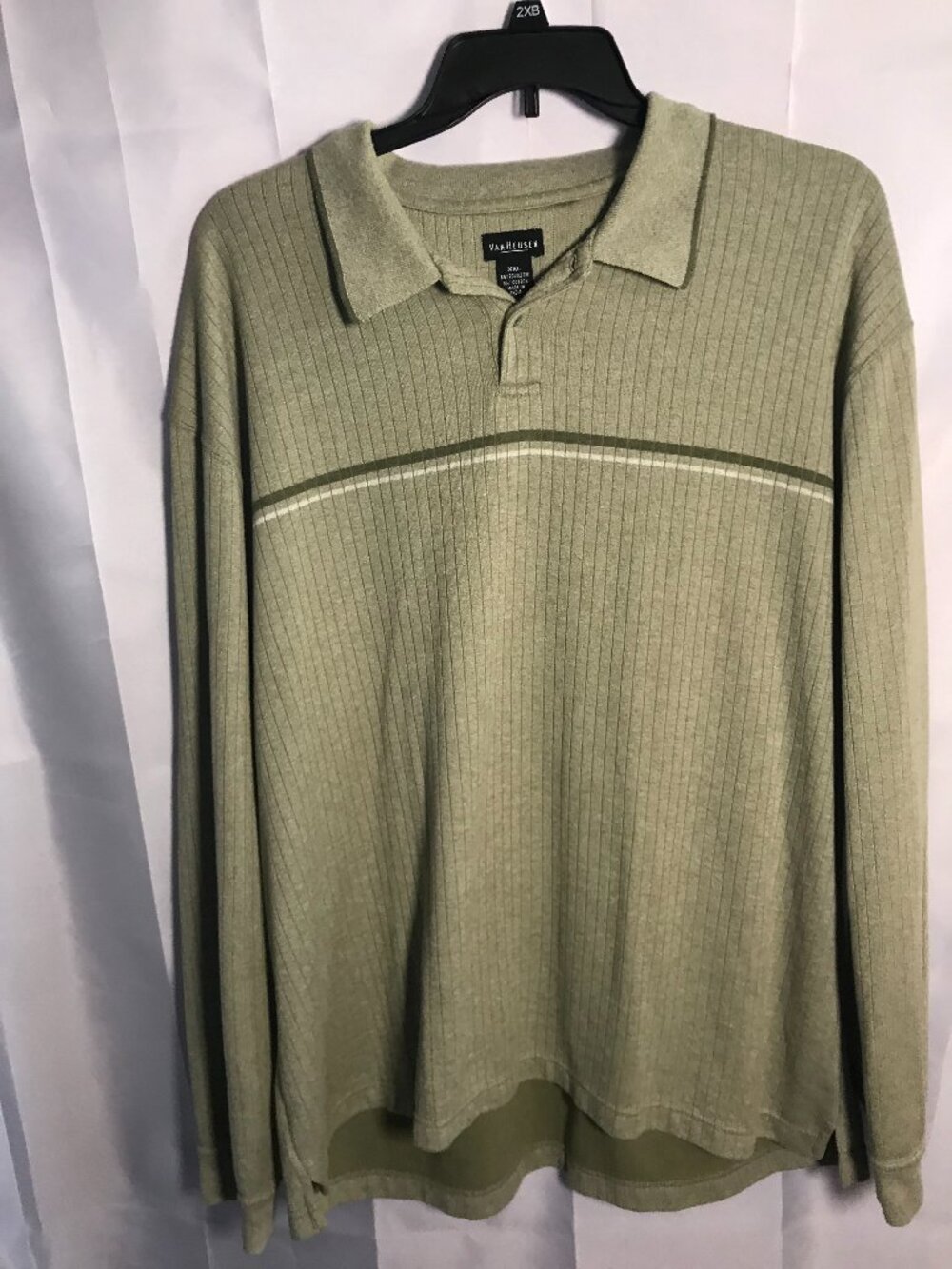Van Heusen Men’s XXL Green Ribbed Long Sleeve Polo Shirt Cotton Blend